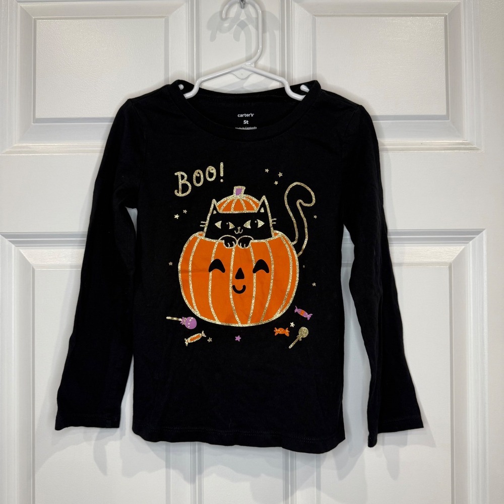 Carters Girls Halloween Black Cat Pumpkin Boo Long Sleeve Shirt Black‎ Size 5T